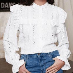 Eyelet Embroidery Mock Neck Flounce Sleeve Button Front Ruffle Trim Blouse Shirt Top