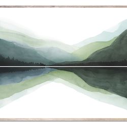 Mountain Lake Art Print Mountain Forest Watercolor Painting Abstract Landscape Wall Art Sage Green Large Misty Landscape