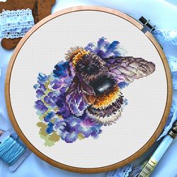 Bumble bee cross stitch, Flower cross stitch, Lavender cross stitch, Plants cross stitch, Summer cross stitch