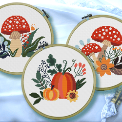 Autumn pumpkin cross stitch, Mushroom cross stitch, Amanita cross stitch, Fall cross stitch pattern, Flowers cross stitch, Digital PDF