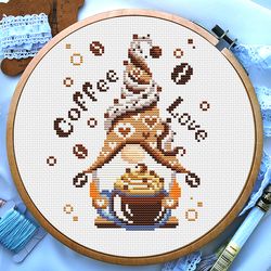 Gnome cross stitch pattern, Coffee cross stitch, Teacup cross stitch, Kitchen cross stitch, Baby small cross stitch, Digital PDF