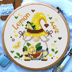 Gnome cross stitch pattern, Lemon tea cross stitch, Teacup cross stitch, Kitchen cross stitch, Baby small cross stitch, Digital PDF
