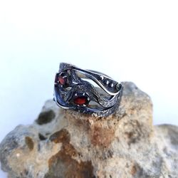 RING WITH GARNETS  STERLING RING OXIDIZED SILVER JEWELERY EXCLUSIVE RING HANDMADE RING ORIGINAL FANTASY RING