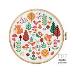 Sampler Fox autumn cross stitch pattern