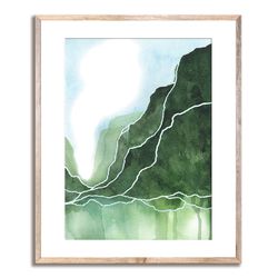 Ireland Watercolor Art Print Green Mountains Abstract Watercolor Painting Smoky Landscape Wall Decor Large Landscape Art