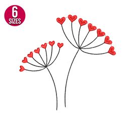 Dandelion with Red Hearts embroidery design, Machine embroidery pattern, Instant Download