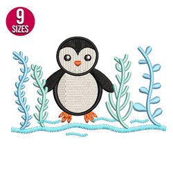 penguin with seaweed embroidery design, machine embroidery pattern, instant download