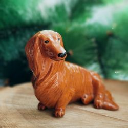 Red long-haired dachshund figurine ceramics handmade, statuette russianartdogs