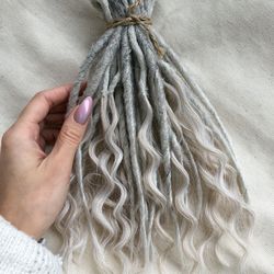 Mix set dreadlocks curly dreads and smooth dreads ombre grey to white dreadlocks fake synthetic silver hair extensions