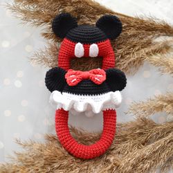 Disney baby rattle,Minnie y Mickey Mouse, Crochet Amigurumi Rattle,Plush baby rattle,Baby rattle, Birthday gift idea.
