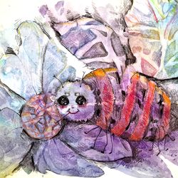 A fabulous bee on a flower among the leaves, made in watercolor and colored pencils