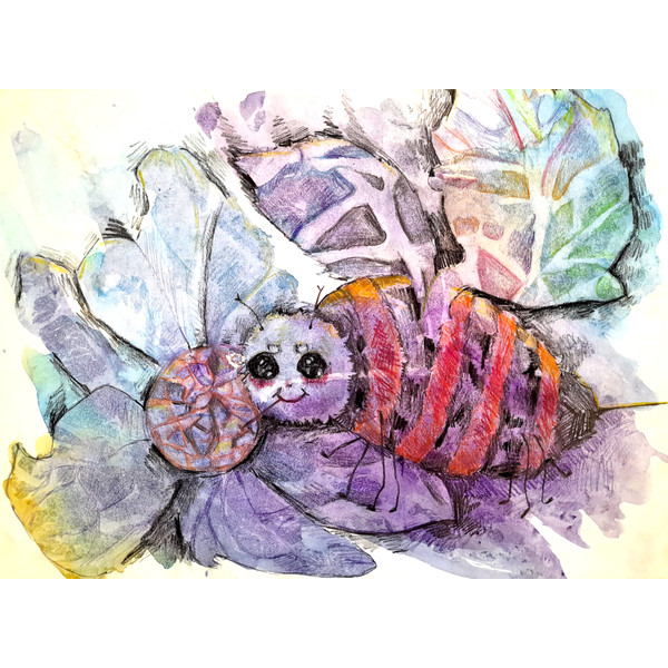 8 пикс A fabulous bee on a flower among the leaves, made in watercolor and colored pencils 1.png