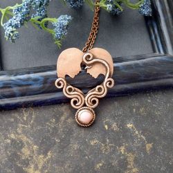 Love copper pendant,  heart jewelry, mother of pearl necklace