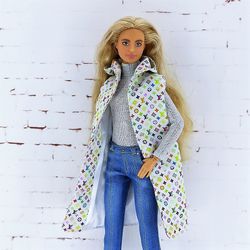 Long quilted vest with hood for Barbie, also for other dolls of similar size