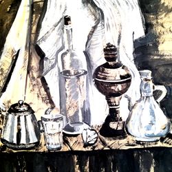Still life with teapot, glass bottle, glass, garlic, black and white charcoal graphics