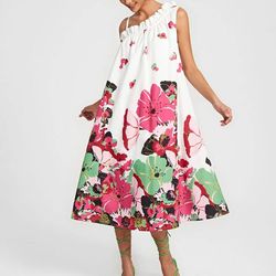 Floral Print Asymmetrical Neck Sleeveless Frill Trim Flared Midi Boho Dress