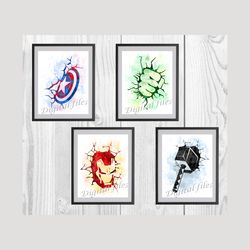 Marvel Superheroes Logos Set Art Print Digital Files decor nursery room watercolor