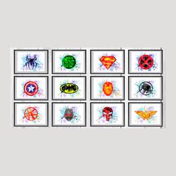 Marvel DC Superheroes Logos Set Art Print Digital Files decor nursery room watercolor