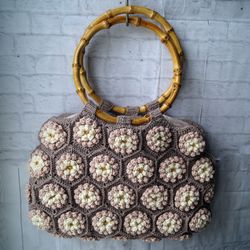 Puff flower crocheted bag, Handmade crochet bag,  crochet bag with African flower, Summer Bag, Boho Bag