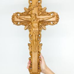 Wooden Crucifix 19.4" (49.72 cm), Jesus Christ, carved wooden cross, Catholic cross Wood Crucifix catholic cross