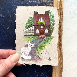 White cat painting Small Original art Mini artwork on handmade recycled paper by Rubinova