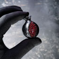 Black pomegranate brooch Pomegranate with SW crystals and silver foil Unisex jewelry
