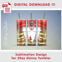 Funny Firefighter Gnome Template - Seamless Sublimation Pattern - 20oz SKINNY TUMBLER - Full Tumbler Wrap
