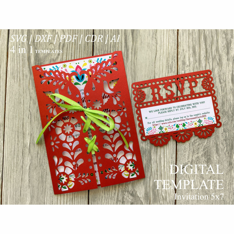 Papel picado mexican wedding invitations svg gatefold template 5x7 set