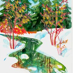 River Original Watercolor Painting Landscape Art Wall Art Winter Nature Wood River Spring Painting