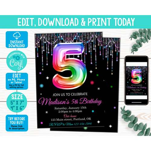 Editable balloon birthday invitation Corjl template Boy or Girl balloon invitation surprise party invite Confetti invite