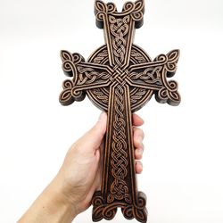 khachkar cross 11" (28.3 cm), armenian carved wood cross, wall carved home decor, christian crosefix carving engraved,