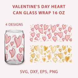 Beer Can Glass with red hearts, 4 Valentine's Day designs full wrappers 16oz, SVG, EPS, DXF, PNG