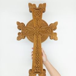 khachkar cross 21.3" (54.5 cm), armenian carved wood cross, wall carved home decor, christian crosefix carving engraved,
