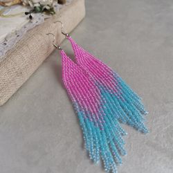 Pink and blue long dangle seed bead earrings Gradient ombre fringe Chandelier handmade beadwork jewelry gift women