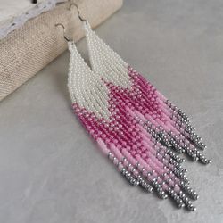 Pearl and pink long dangle seed bead earrings Gradient ombre fringe Chandelier handmade beadwork jewelry gift women