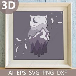 Shadow box with mountain and owl svg, 3d layered papercut wall decor