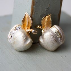 Vintage Pastelli apple clip on earrings Silver fruit rhinestone earrings Pastelli jewelry