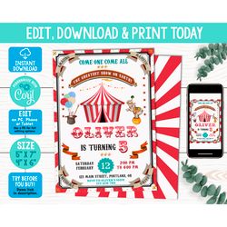 editable vintage circus birthday invitation corjl template boy circus invitation carousel party invite carnival big top
