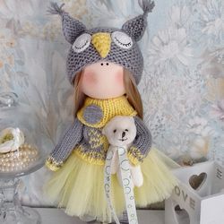 Tilda doll Interior doll Owl doll Handmade doll Soft doll Textile doll Art doll Cloth doll Yellow doll Gray doll Fabric