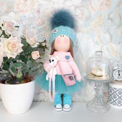 Textile doll Tilda doll Interior doll Handmade doll Turquoise doll Soft doll Art doll Cloth doll Pink doll Fabric doll