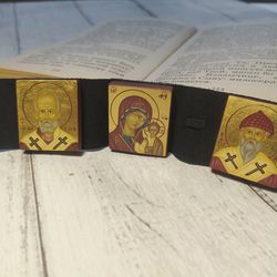 Set of travel size icon | Saint Spyridon | Saint Nicholas the Wonderworker | Virgin of Kazan | Hand painted mini icon