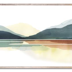 Mountain Lake Art Print Minimalist Landscape Abstract Watercolor Painting Sunrise Lake Sage Green and Terracotta Art