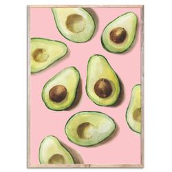 avocado fruit art print green pink watercolor painting kitchen still life vegetable green avocado minimalist wall decor