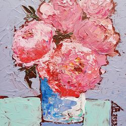 Peony Painting Floral Original Artwork Pink Flower Acrylic Boho Art 5" by 7" by ArtMadeIra
