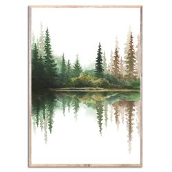Pine Trees Lake Art Foggy Forest Print Forest Lake Watercolor Painting Smoky Landscape Wall Art Fall Forest Wall Decor