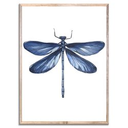 Dragonfly Wall Art Blue Dragonfly Art Print Beautiful Insect Watercolor Painting Minimalist Dark Blue Insect Wall Decor