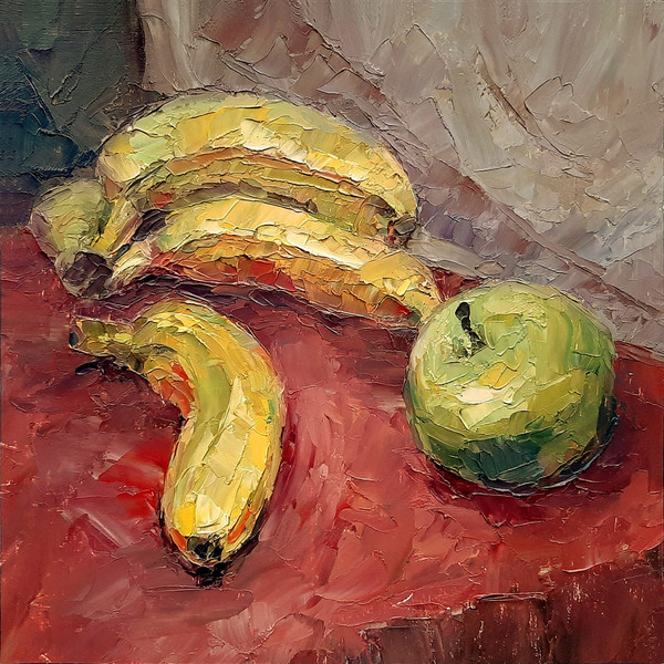 Bananas and Apple Small Oil painting for kitchen or dining room decor.