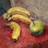 Small Square painting for kitchen or living room decor. Still life with fruit. Apple and bananas.