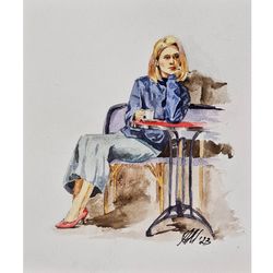 girl cafe original painting cityscape watercolor artwork woman art home decor