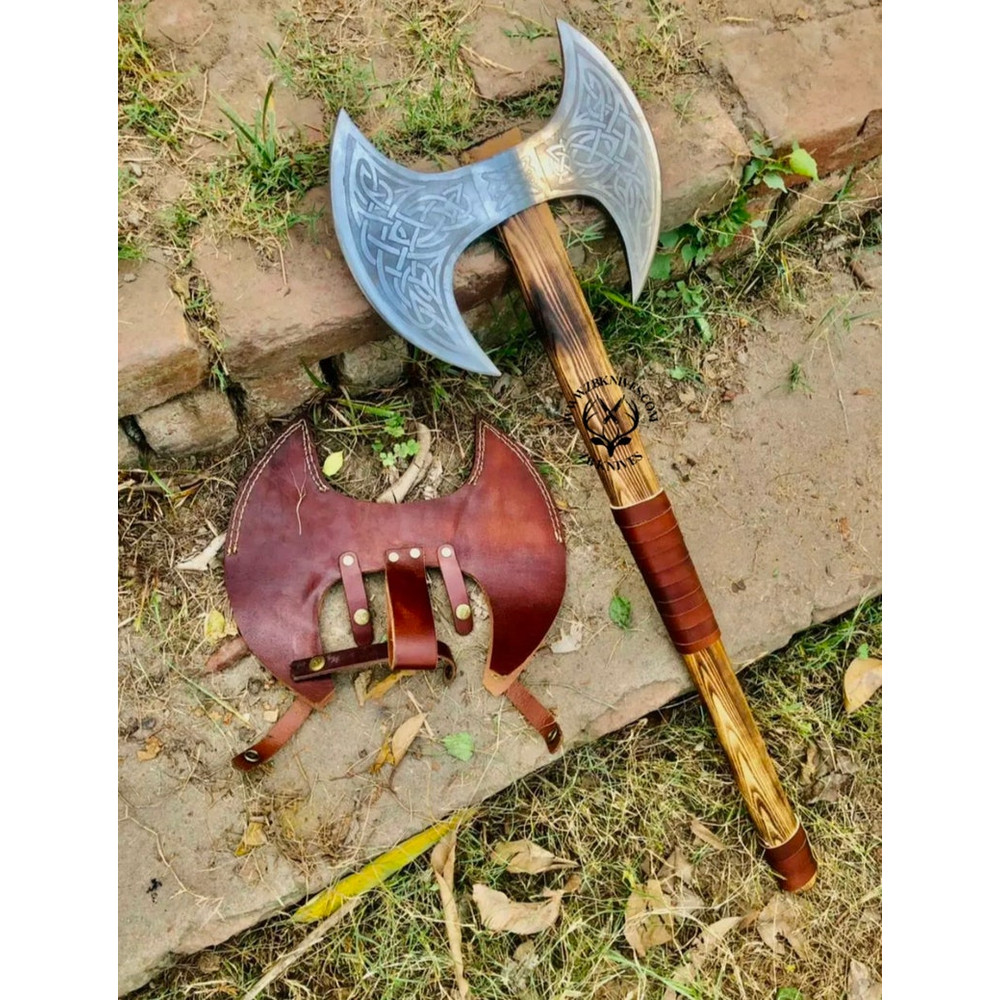 Medieval Warrior Double Headed Battle Axe With Leather Sheath, Labrys, Handmade Carbon Steel Two Sided Axe, Medieval Double Axe, Custom axe7.jpg